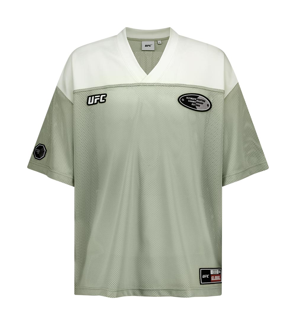 UFC soccer jersey-style T-shirt, oversized fit, short sleeves, light olive