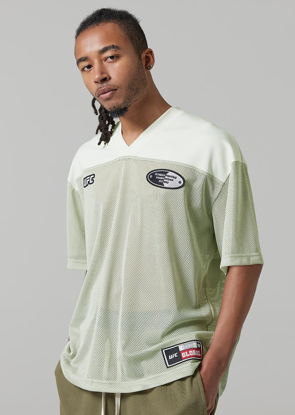UFC soccer jersey-style T-shirt, oversized fit, short sleeves, light olive