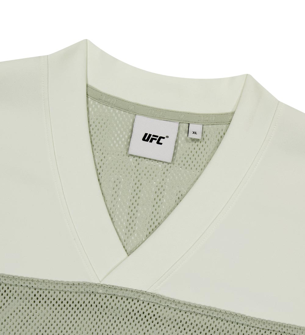UFC soccer jersey-style T-shirt, oversized fit, short sleeves, light olive